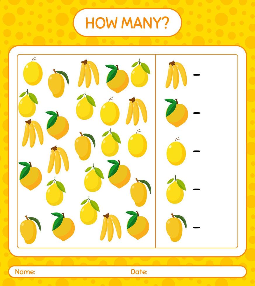 How many counting banana, eggfruit, honeydew melon, lemon, mango.  worksheet for preschool kids, kids activity sheet, printable worksheet vector