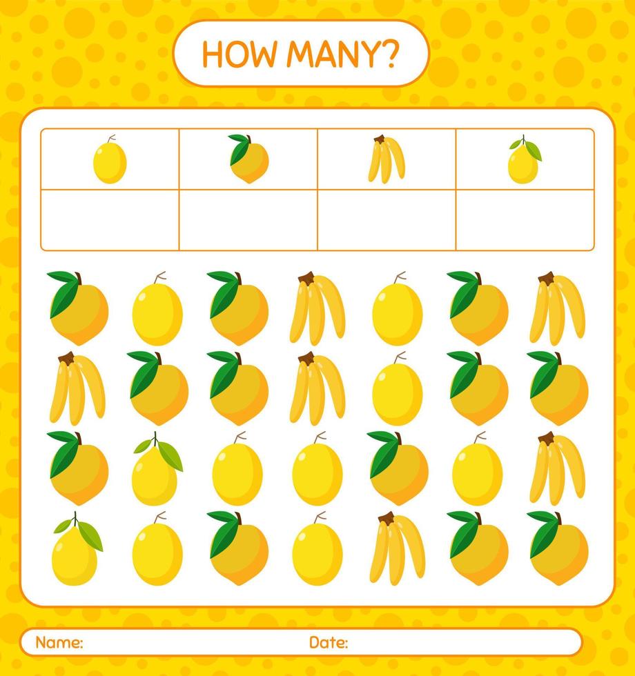 How many counting game banana, eggfruit, honeydew melon, lemon. worksheet for preschool kids, kids activity sheet, printable worksheet vector