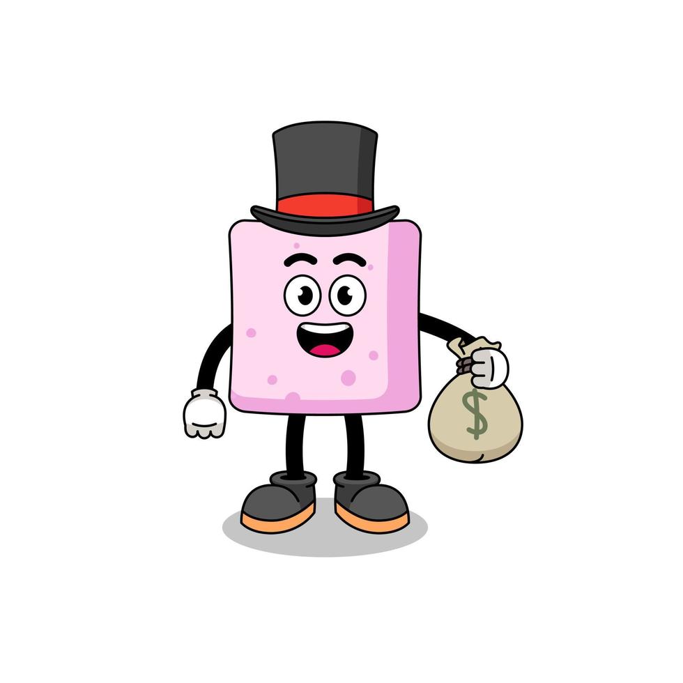 marshmallow mascot illustration rich man holding a money sack vector