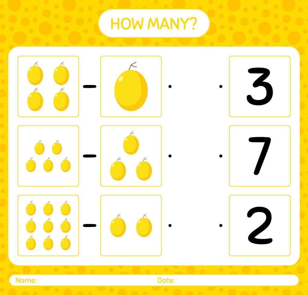 How many counting game with honeydew melon worksheet for preschool kids, kids activity sheet, printable worksheet vector