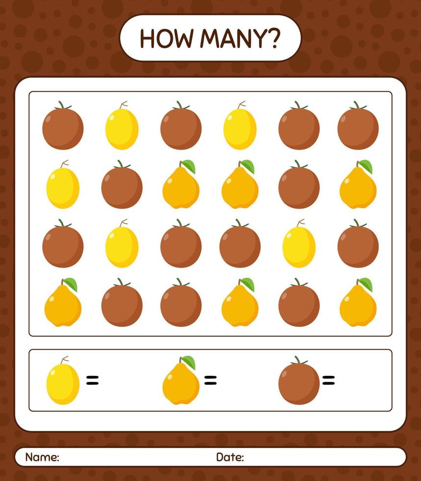 How many counting game with fruit. worksheet for preschool kids, kids activity sheet, printable worksheet vector