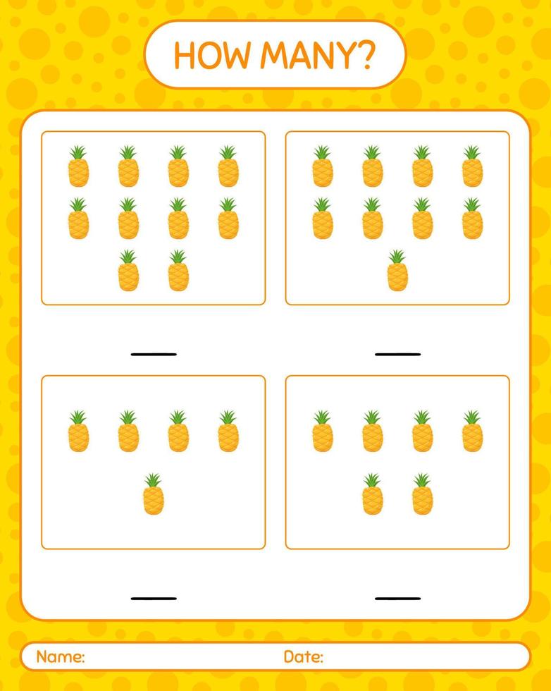 How many counting game with pineapple worksheet for preschool kids, kids activity sheet, printable worksheet vector