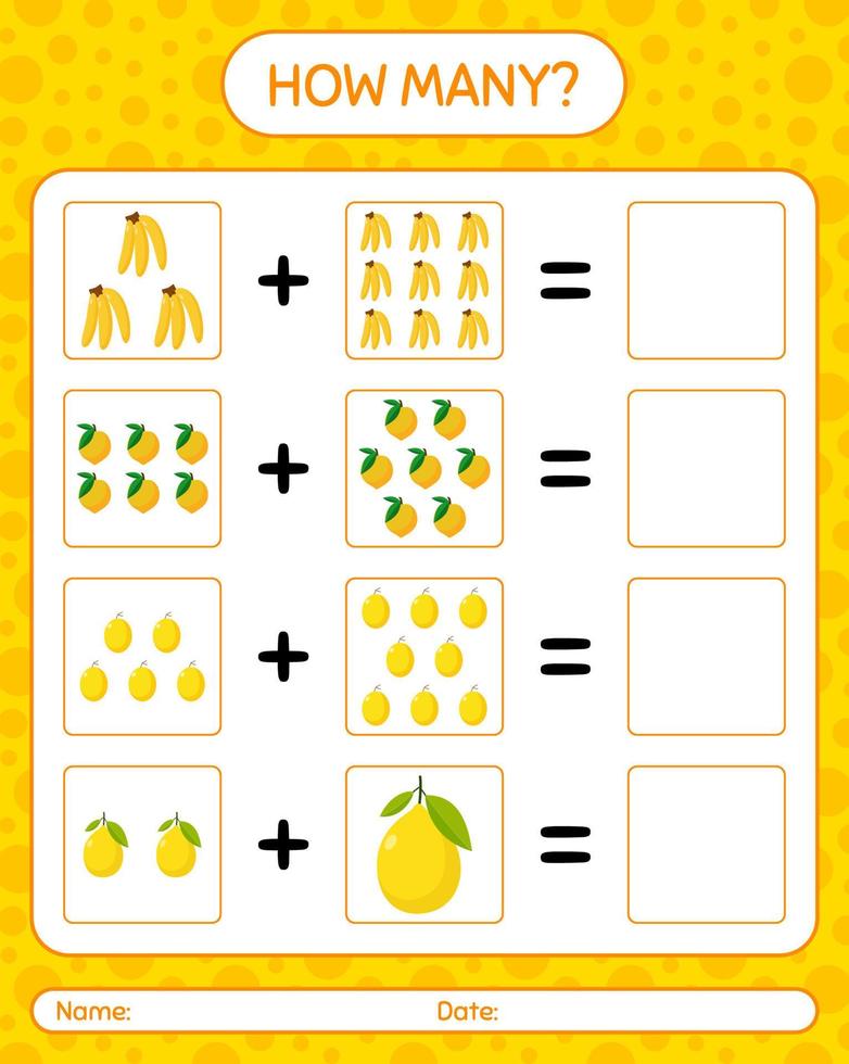 How many counting game banana, eggfruit, honeydew melon. worksheet for preschool kids, kids activity sheet, printable worksheet vector