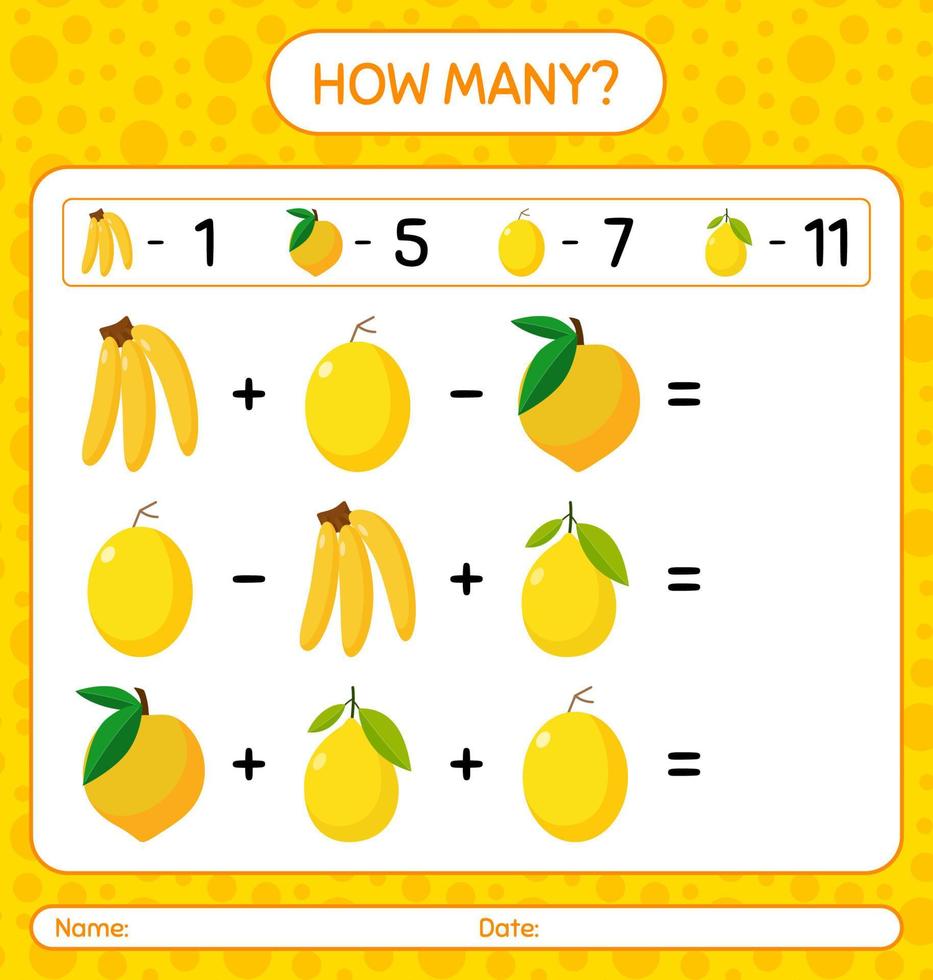 How many counting banana, eggfruit, honeydew melon, lemon. worksheet for preschool kids, kids activity sheet, printable worksheet vector
