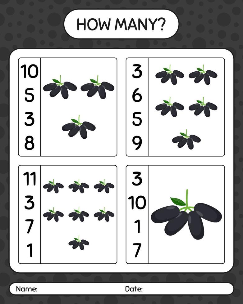 How many counting game with jambolan. worksheet for preschool kids, kids activity sheet, printable worksheet vector