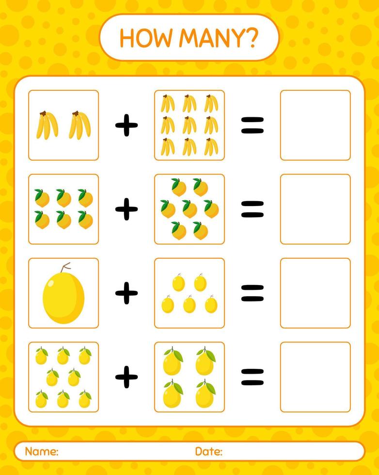 How many counting game with rbanana, eggfruit, honeydew melon. worksheet for preschool kids, kids activity sheet, printable worksheet vector