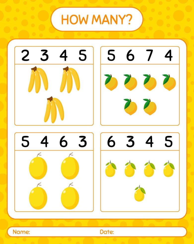 How many counting game banana, eggfruit, honeydew melon. worksheet for preschool kids, kids activity sheet, printable worksheet vector