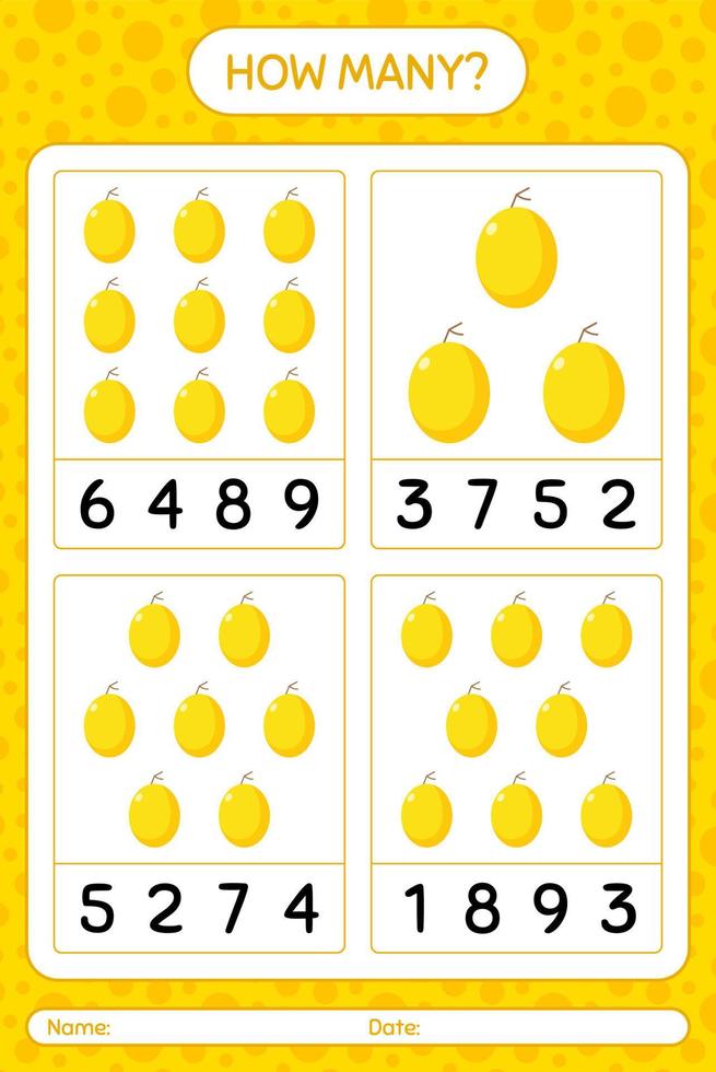 How many counting game with honeydew melon worksheet for preschool kids, kids activity sheet, printable worksheet vector