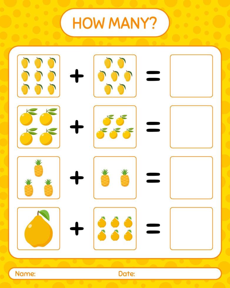 How many counting game reggfruit, honeydew melon, lemon. worksheet for preschool kids, kids activity sheet, printable worksheet vector