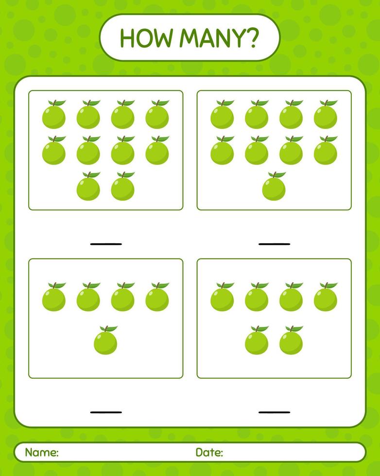 How many counting game with guava worksheet for preschool kids, kids activity sheet, printable worksheet vector