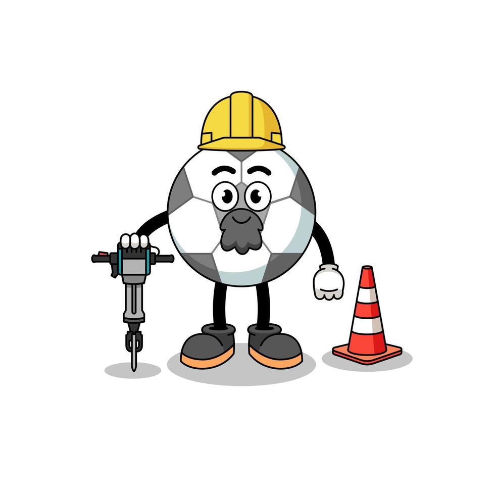 caricatura de personaje de balón de fútbol trabajando en la construcción de carreteras vector