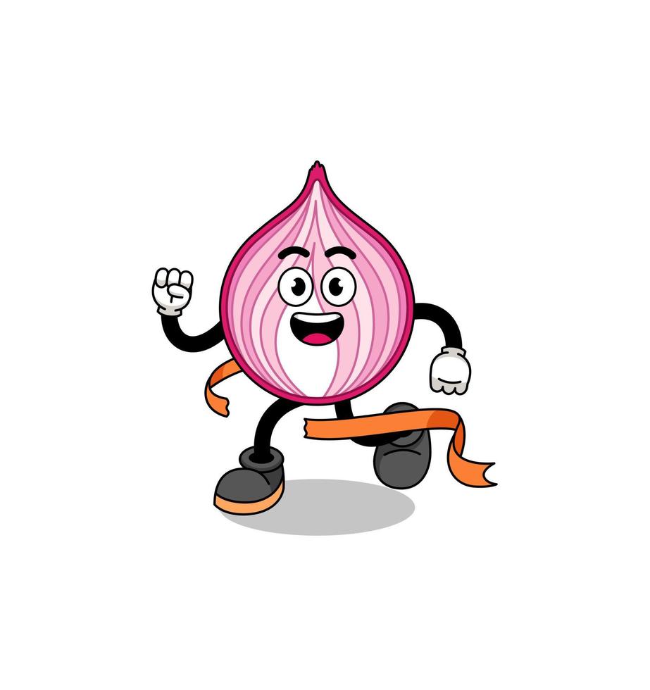 Mascot cartoon of sliced onion running on finish line vector