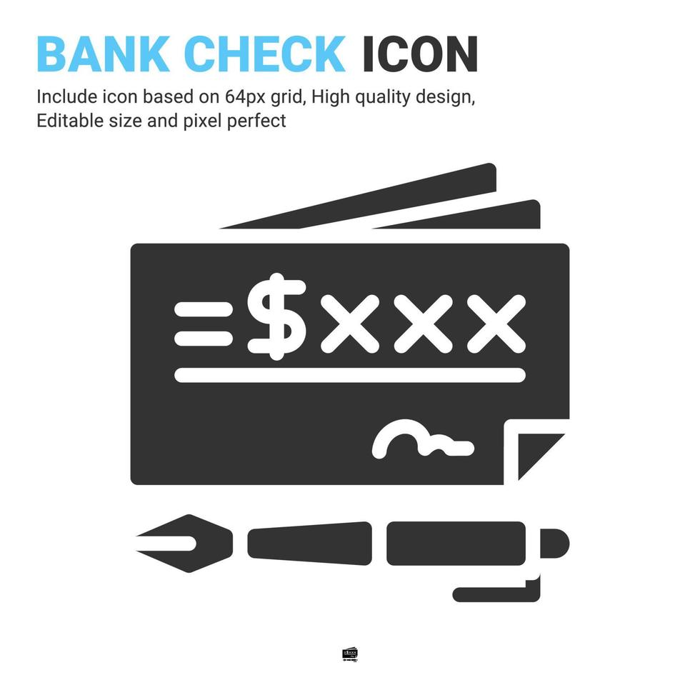 vector de icono de cheque bancario con estilo de glifo aislado sobre fondo blanco. concepto de icono de símbolo de signo de cheque bancario de ilustración vectorial para negocios digitales, finanzas, industria, empresa, aplicaciones y proyectos