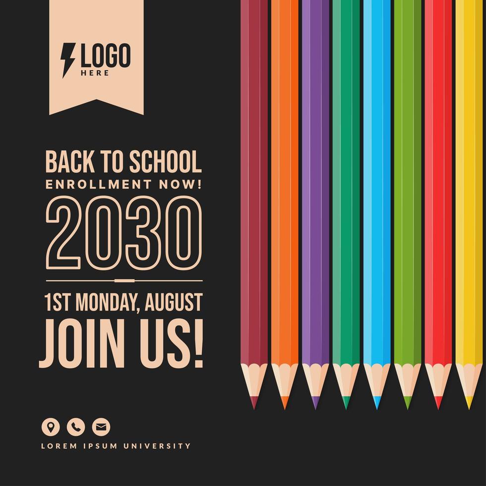 Bienvenido de nuevo al fondo de la escuela con lápices de colores, concepto de banner educativo con diseño de letras de regreso a la escuela vector