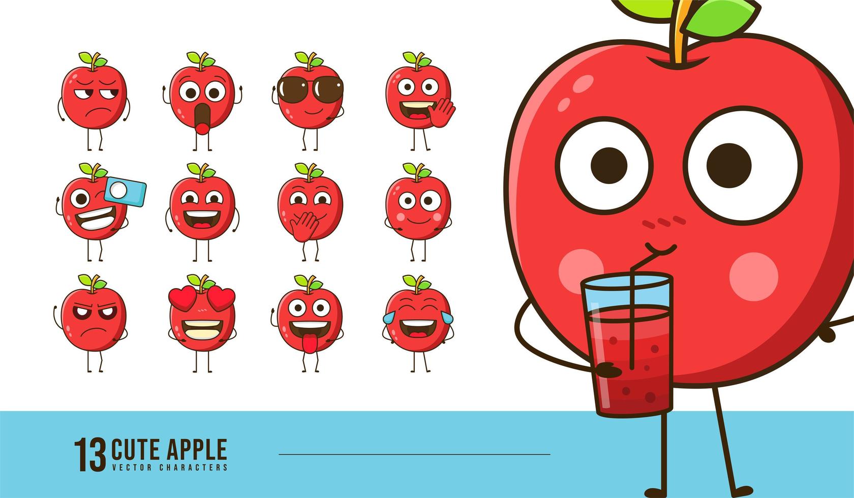 Cute Apple characters set for fruit juice shop and delivery, Apple emoticons facial expression for social post and reaction, Fresh fruits cartoon vector design