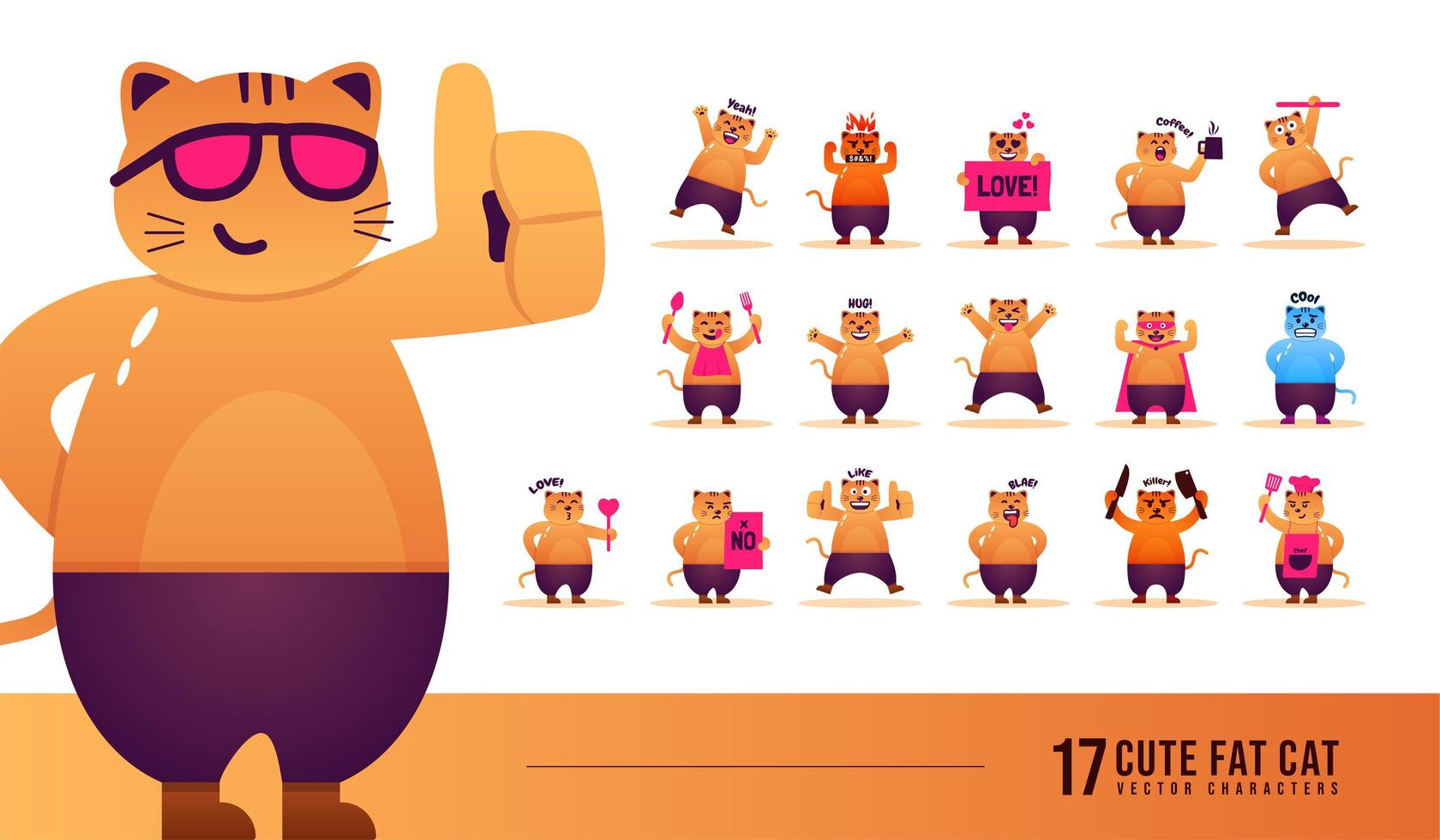 conjunto de vectores de personajes de gatos gordos lindos, expresión facial de emoticonos de gatos para publicaciones y reacciones sociales, ilustración de caricaturas de gatos en diferentes poses