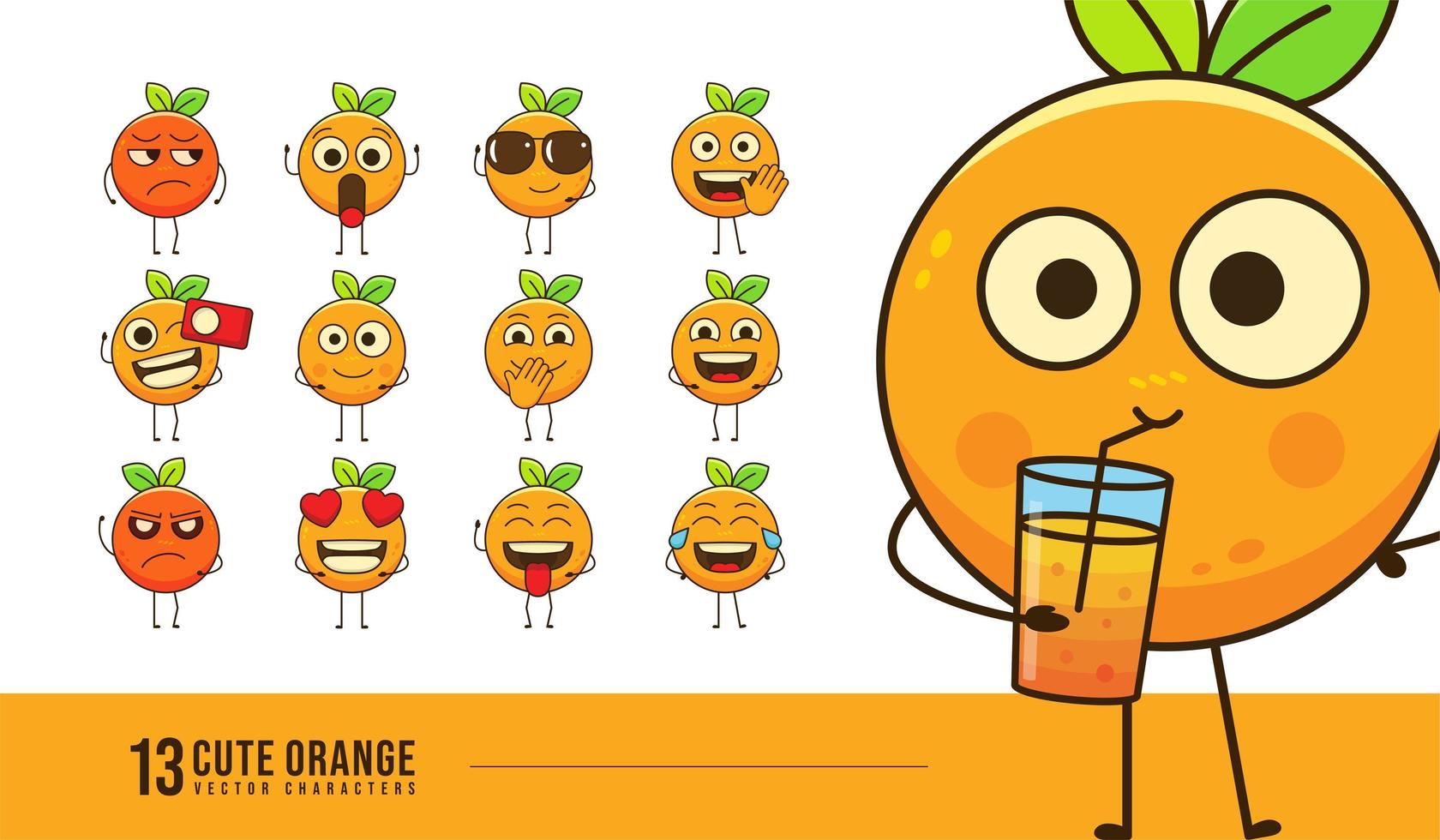 lindos personajes naranjas establecidos para la tienda y entrega de jugos de frutas, emoticonos naranjas expresión facial para publicación social y reacción, diseño de vectores de dibujos animados de frutas frescas