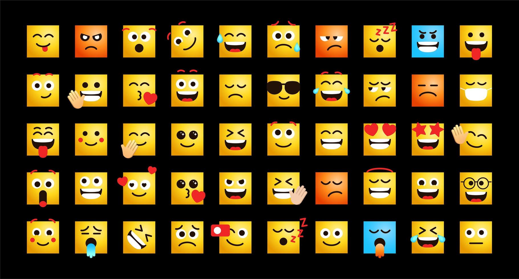 lindos emoticonos en forma de caras cuadradas conjunto de vectores para publicación y reacción en medios sociales. emoji divertido con expresiones faciales. ilustración vectorial