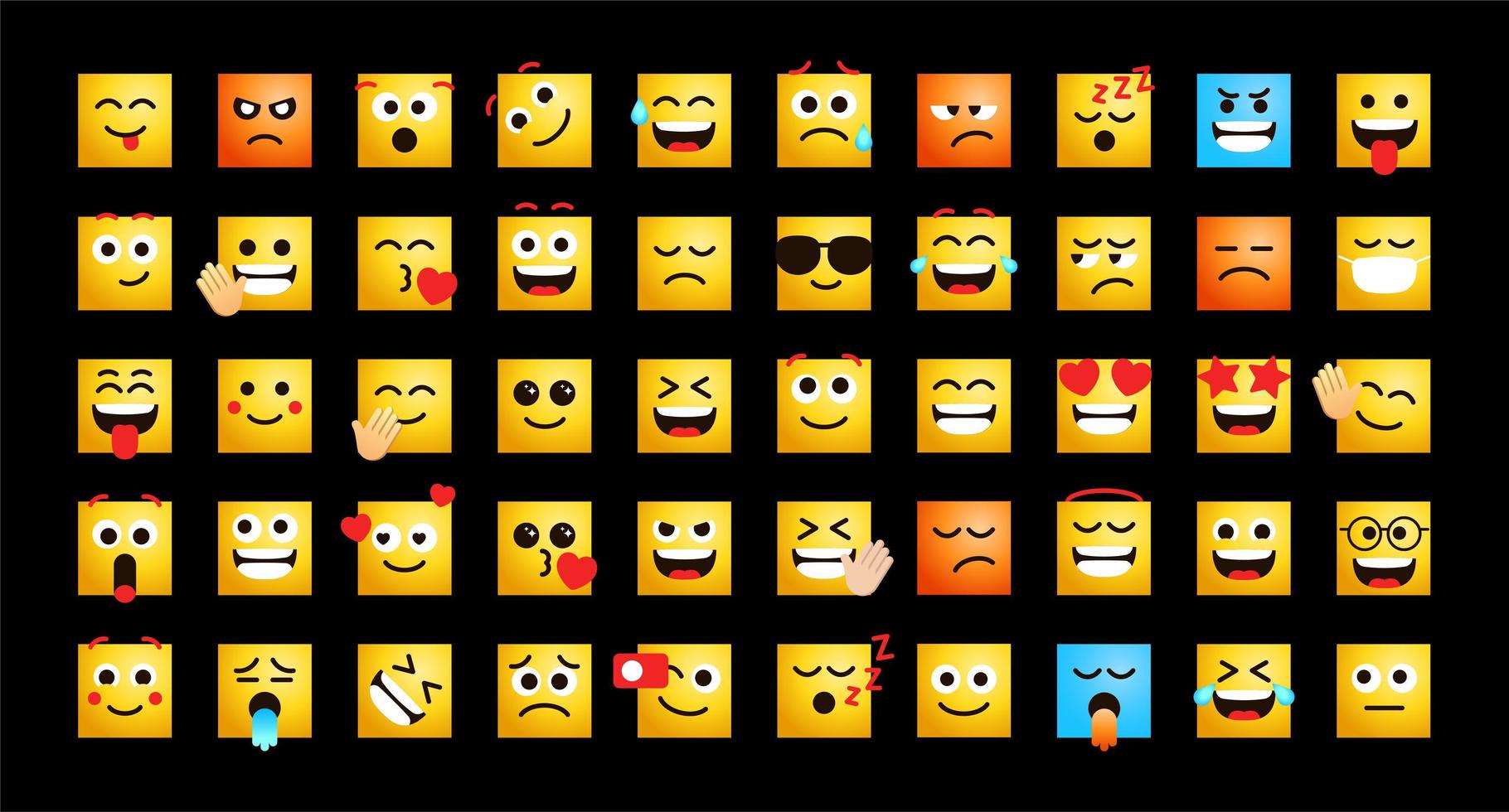 Cute Emoticons in form of square faces vector set for social media post and reaction. Funny emoji with facial expressions. Vector illustration