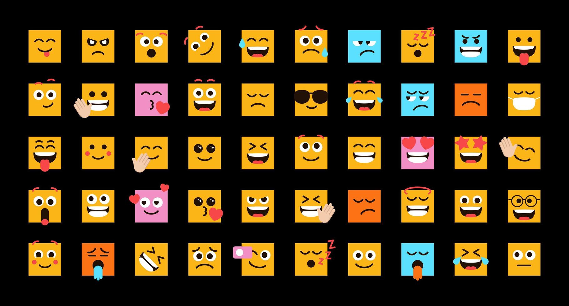 Cute Emoticons in form of square faces vector set for social media post and reaction. Funny emoji with facial expressions. Vector illustration