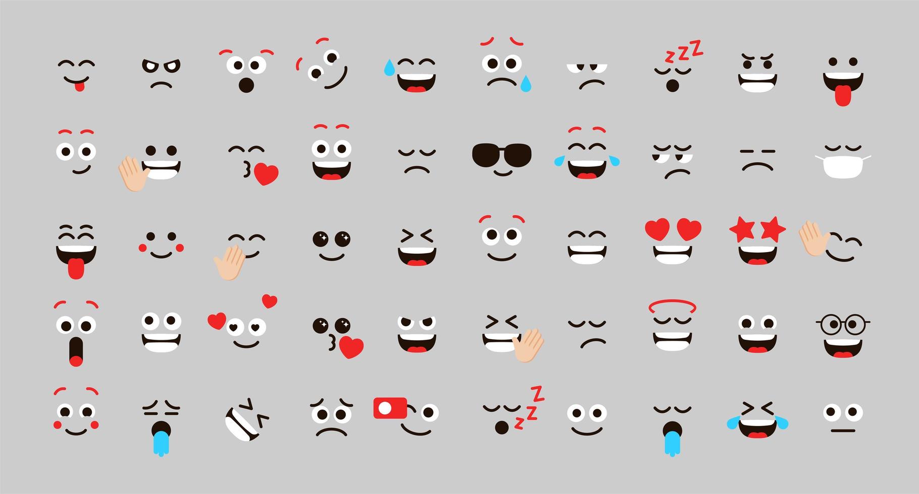 caras lindas que sienten el conjunto de vectores para la publicación y la reacción en las redes sociales. emoticono divertido o emoji con expresiones faciales. ilustración vectorial