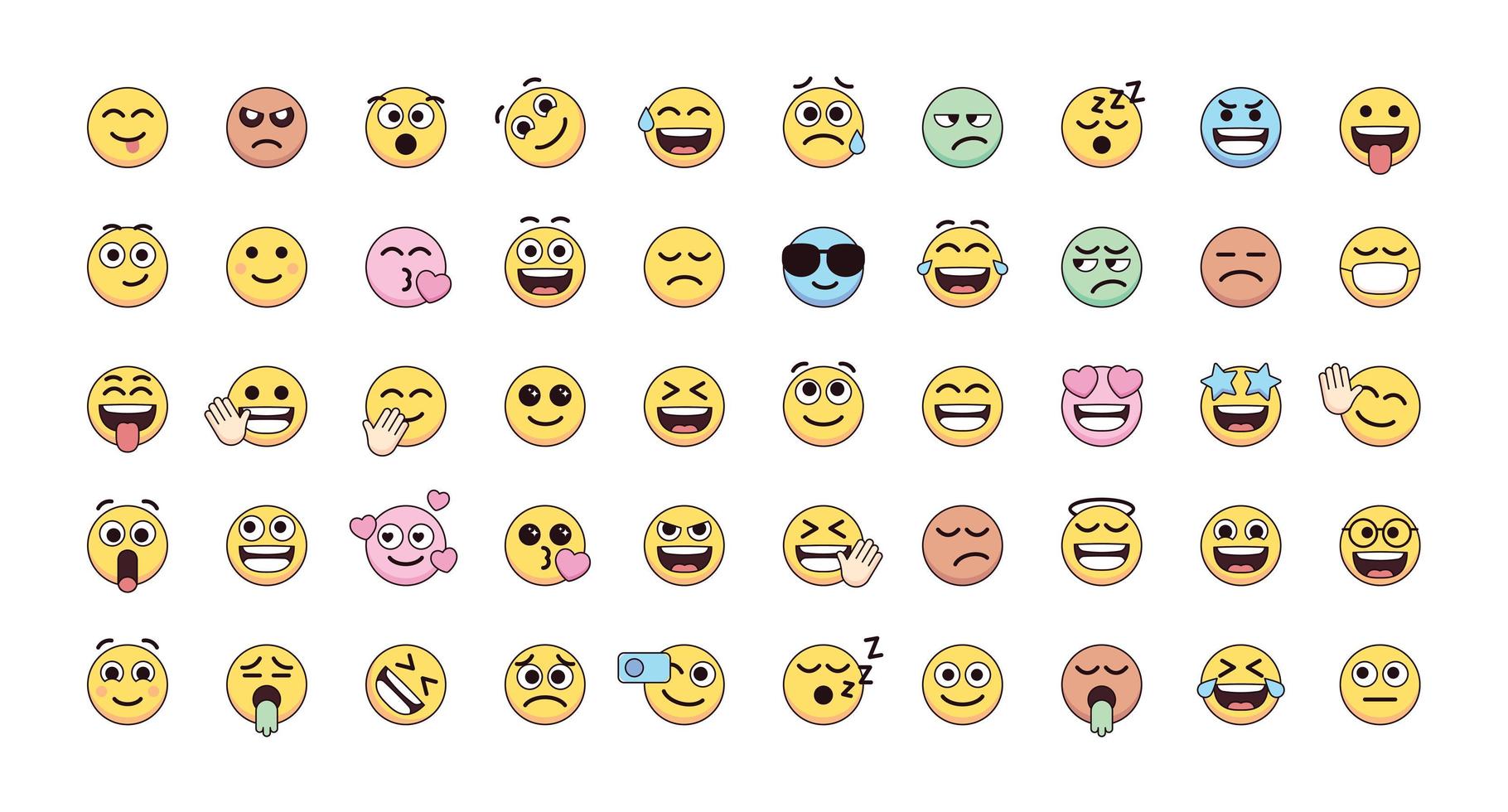 Cute Emoticons faces feeling vector set for social media post and reaction. Funny emoji with facial expressions. Vector illustration