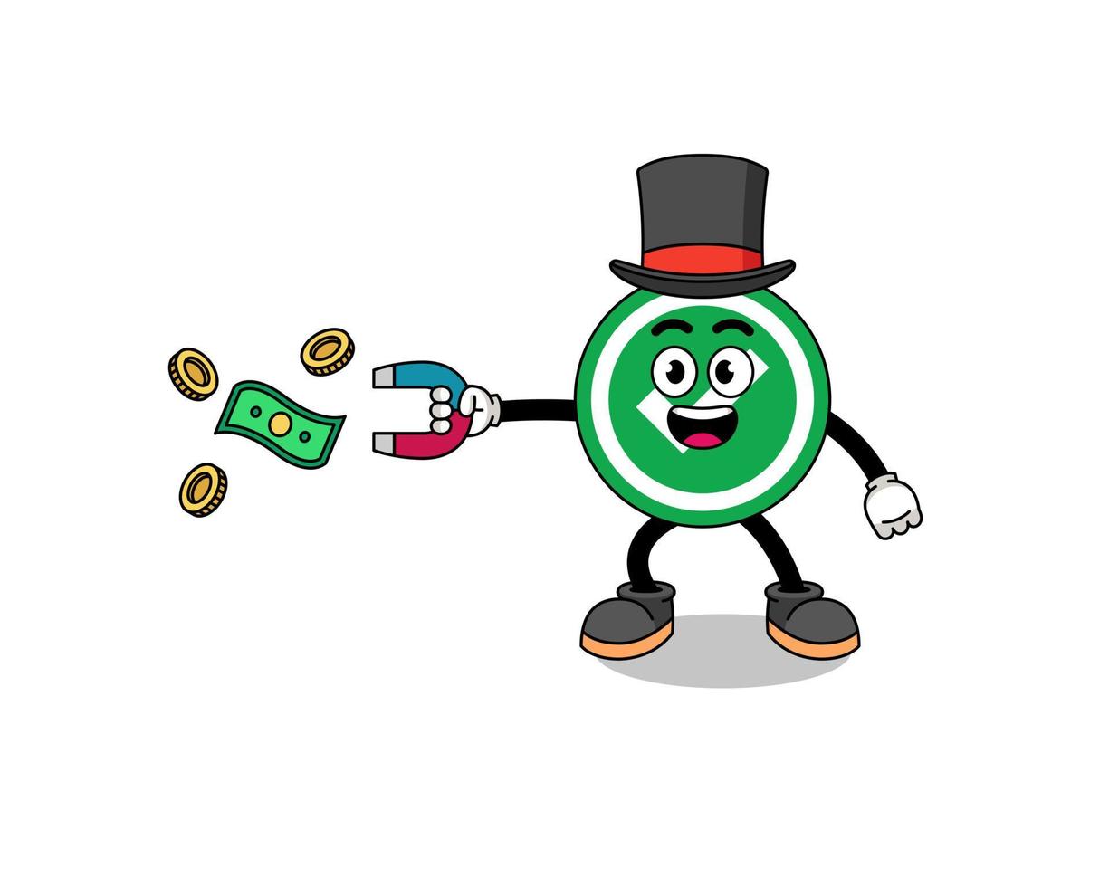 ilustración de personaje de marca de verificación atrapando dinero con un imán vector