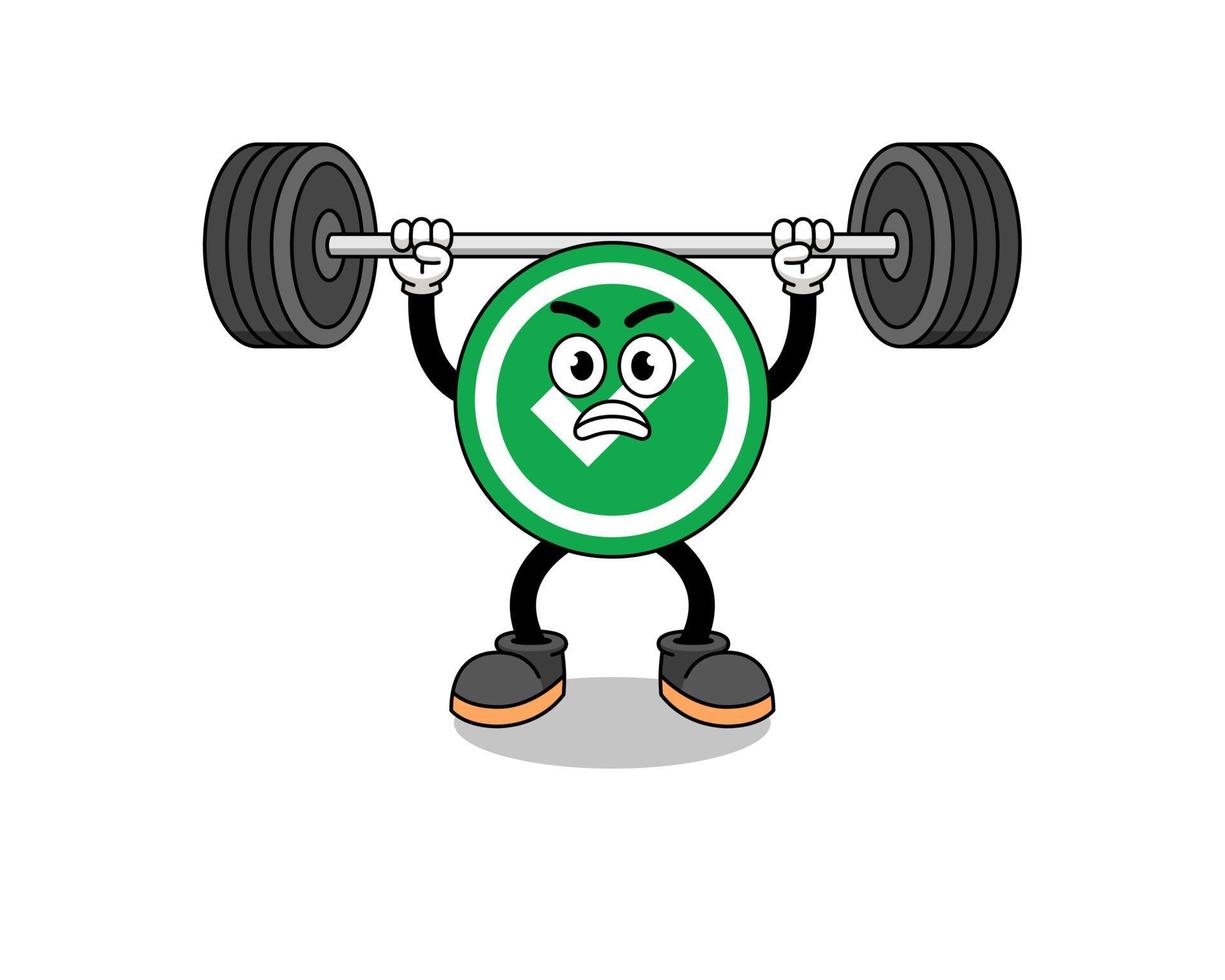 check mark mascot cartoon lifting a barbell vector