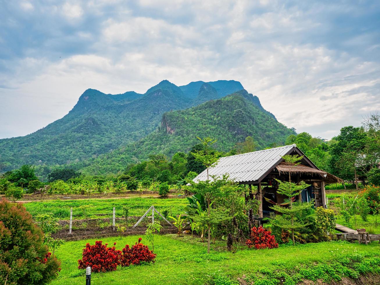 una pequeña cabaña en la granja con doi luang chiangdao al fondo. una cabaña con montaña. foto