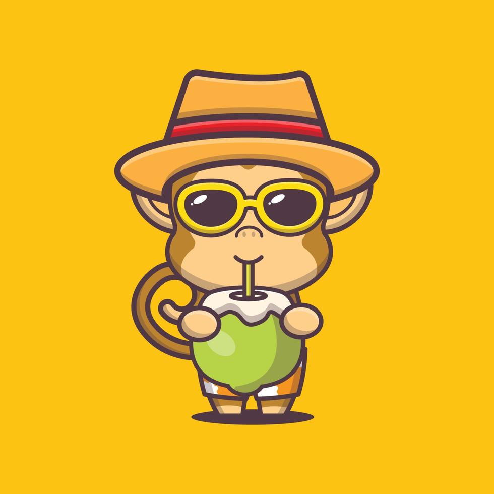 Cute monkey cartoon mascot character drink fresh coconut vector