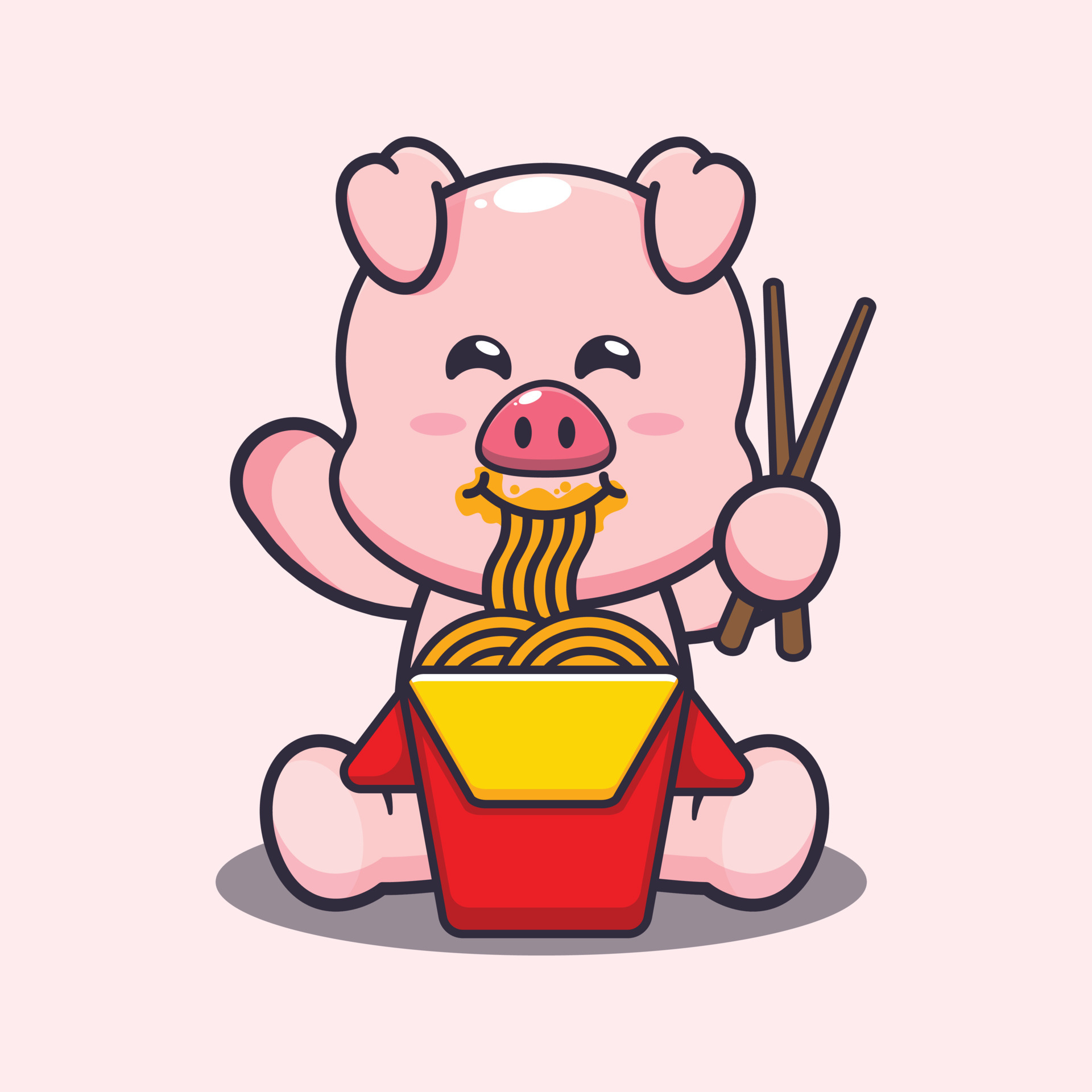 lindo cerdo comiendo fideos dibujos animados vector ilustraci??n 6664364