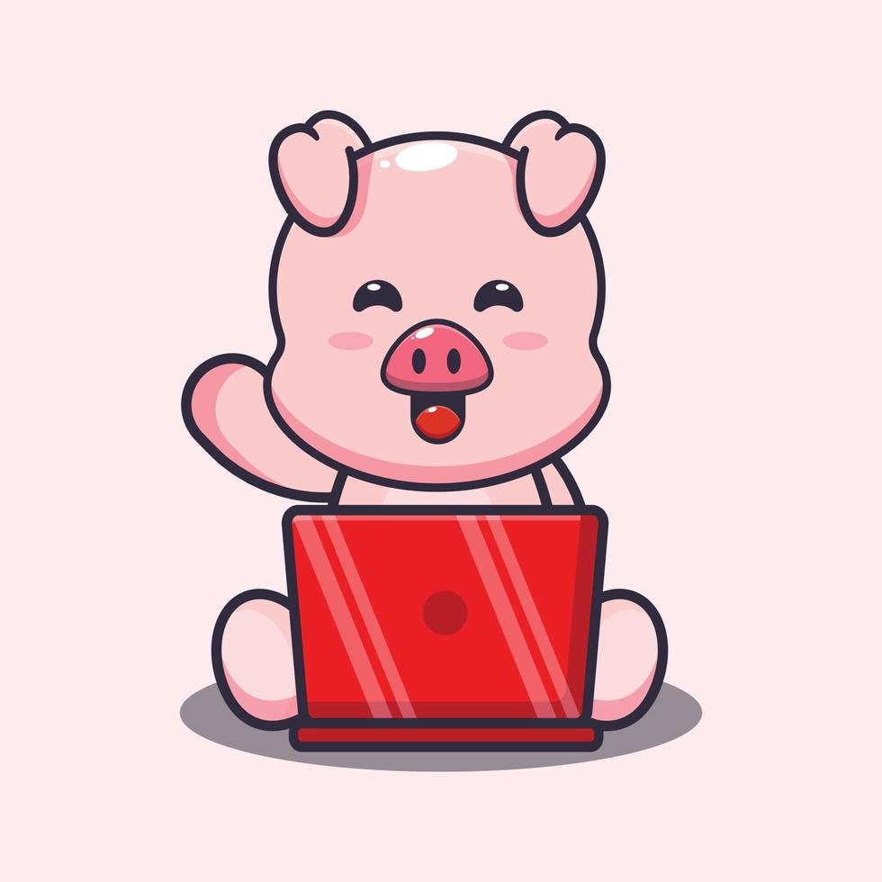 Cute pig with laptop cartoon vector illustration