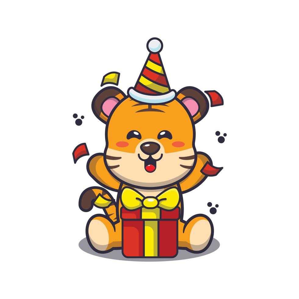 tigre lindo en la ilustración de vector de dibujos animados de fiesta de cumpleaños
