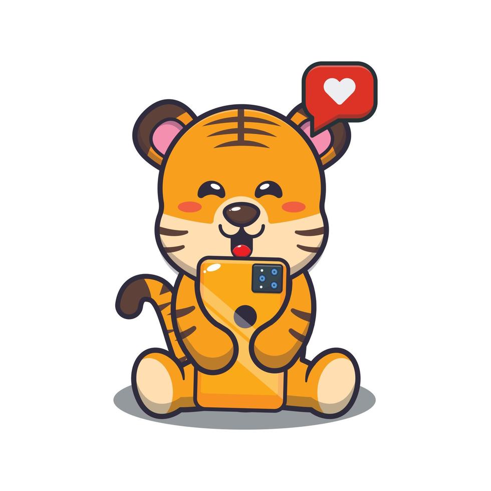 Cute tiger with phone cartoon vector illustration