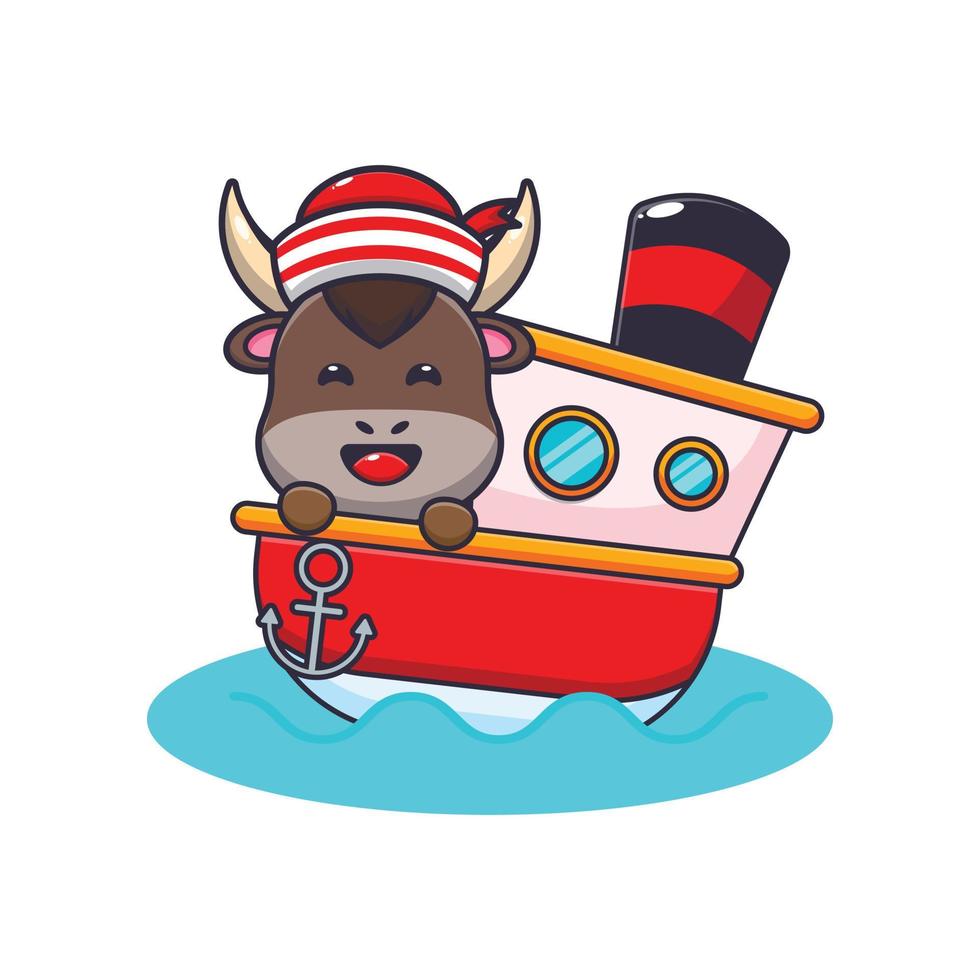 cute bull mascot cartoon character on the ship vector