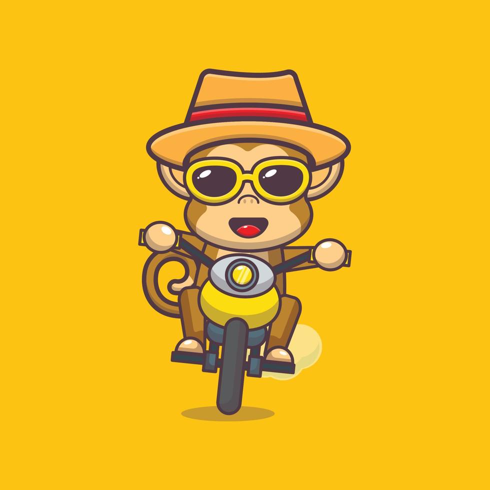 Cool monkey cartoon mascot character in sunglasses ride motocycle in summer day vector