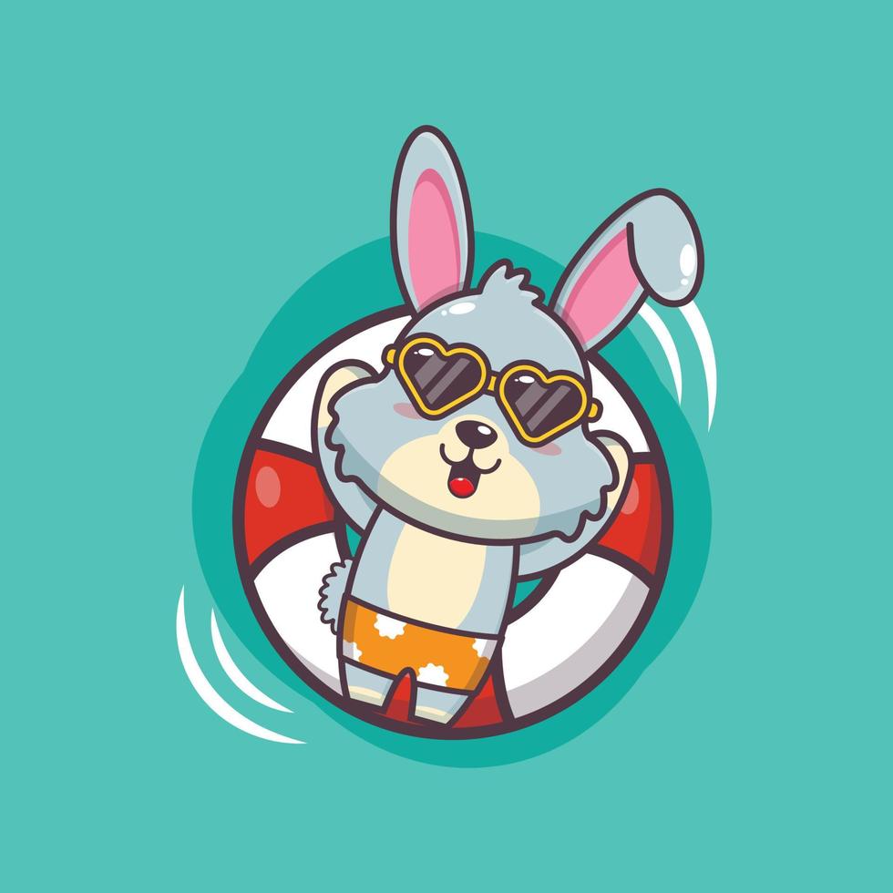 lindo personaje de mascota de dibujos animados de conejo en gafas de sol dormir en flotador vector