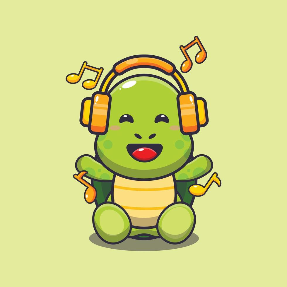Linda tortuga escuchando música con ilustración de vector de dibujos animados de auriculares