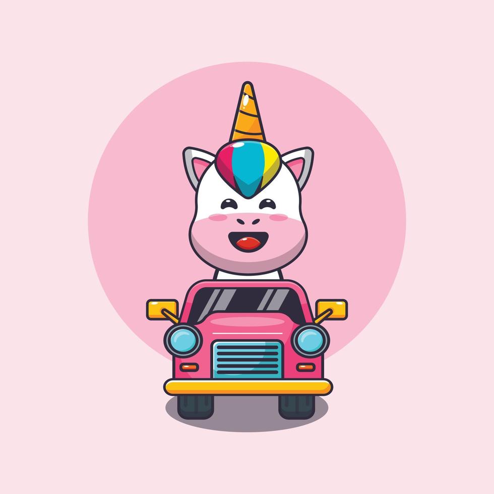 lindo unicornio mascota personaje de dibujos animados paseo en coche vector