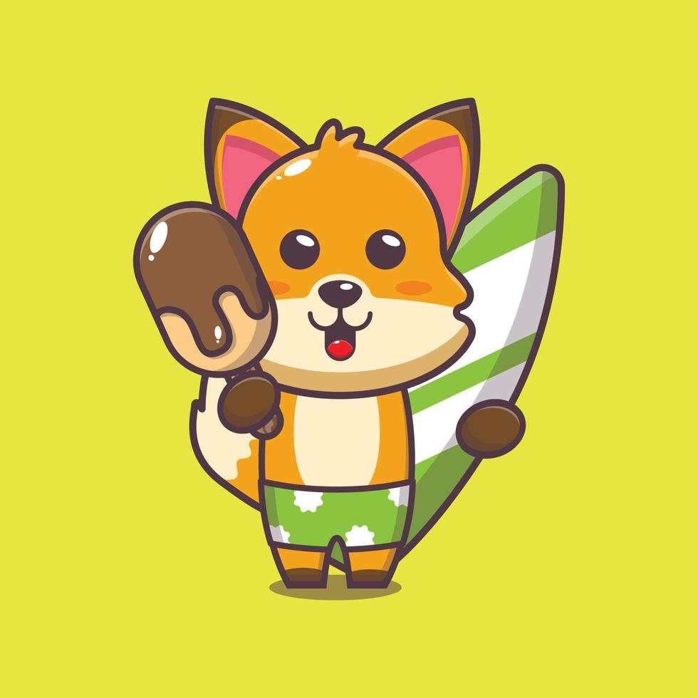 Cute fox cartoon mascot character with surfboard holding ice vector