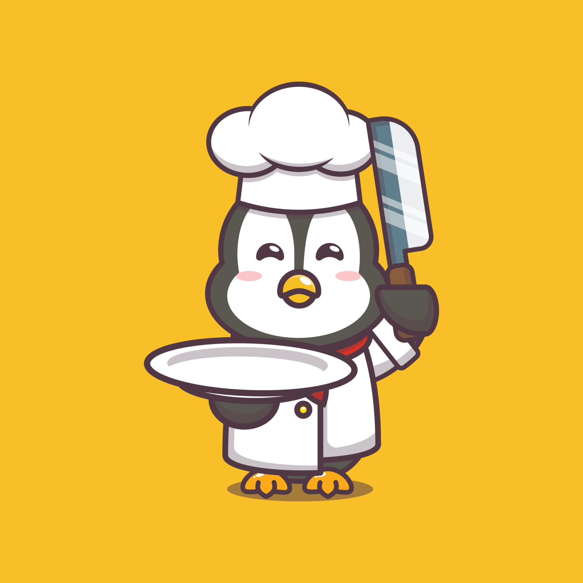 lindo chef pingüino sosteniendo un plato y un cuchillo 6664503 Vector