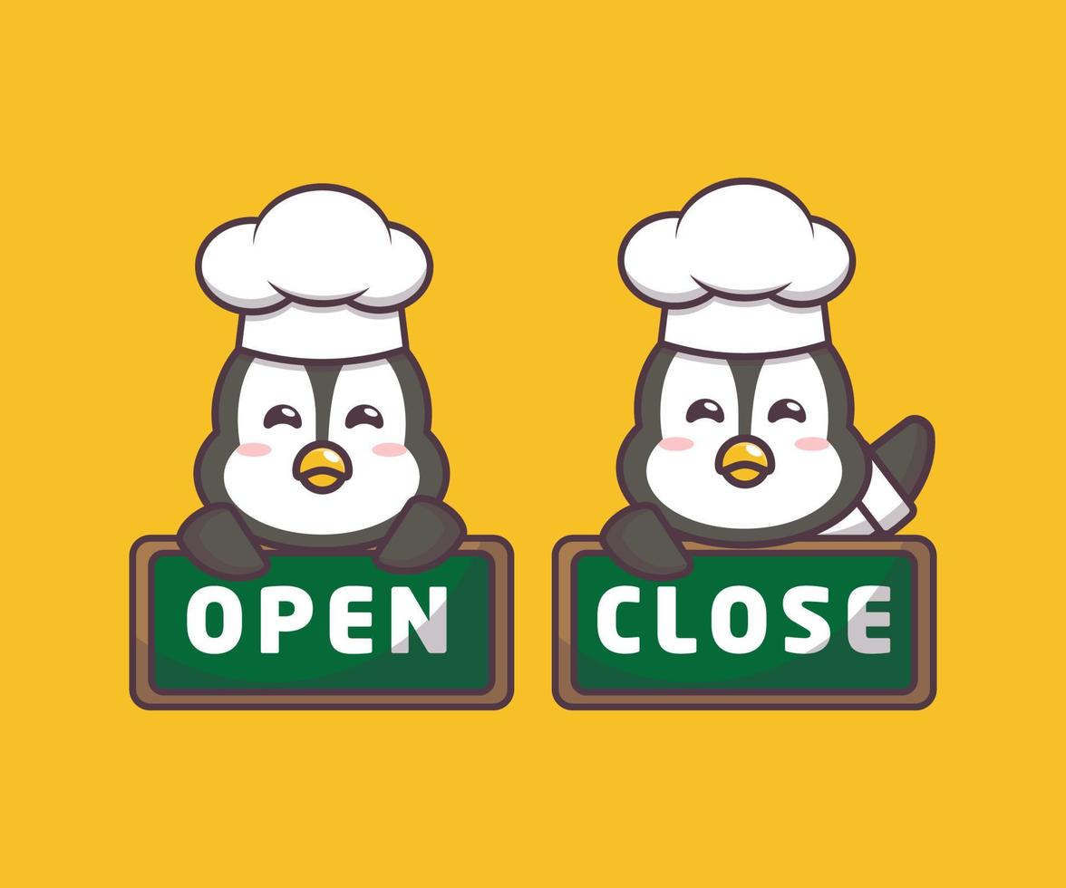 Cute penguin chef with open and close board vector