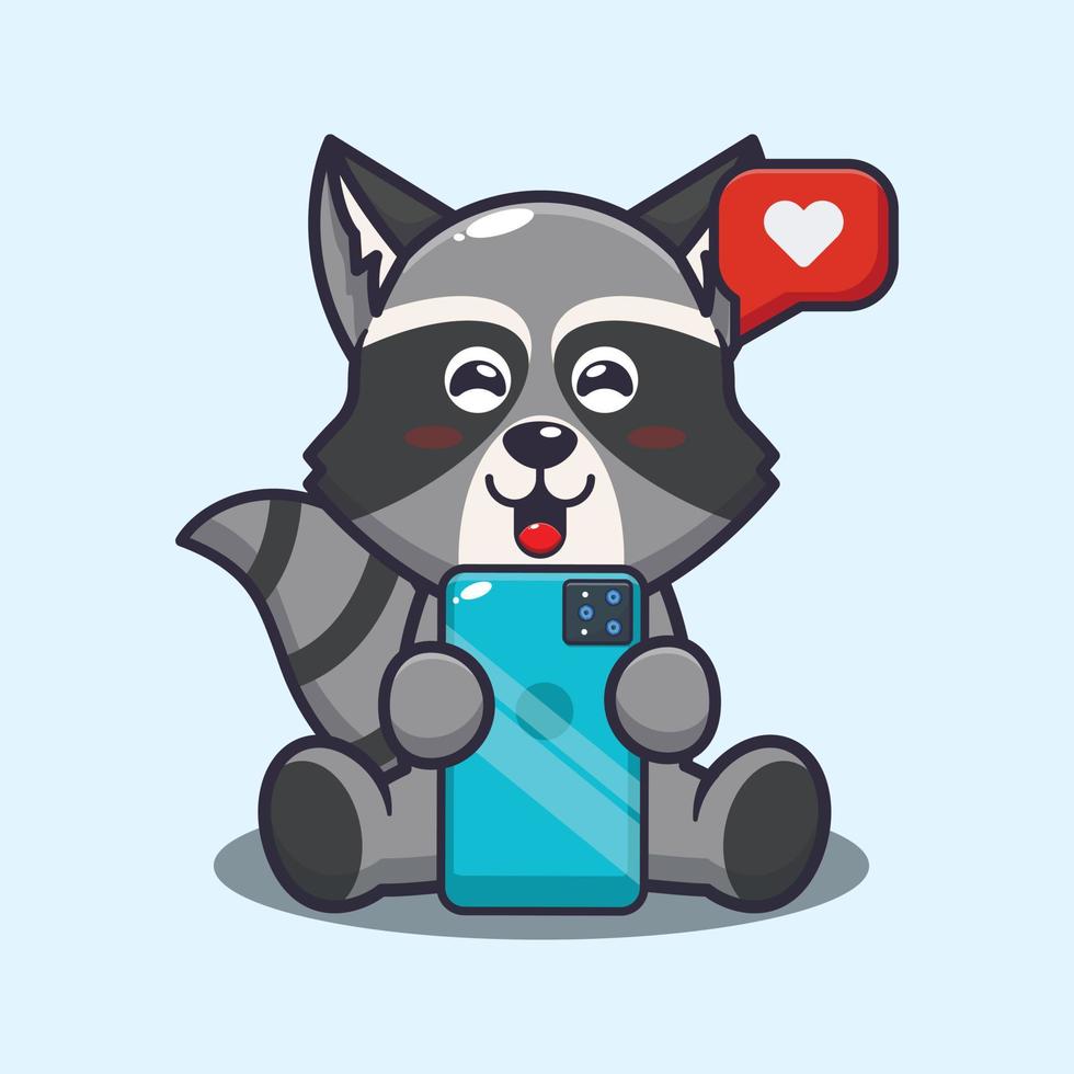 Cute raccoon with phone cartoon vector illustration