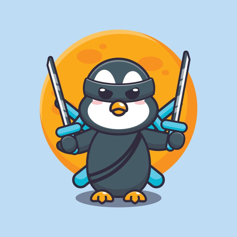 Ilustración de vector de dibujos animados lindo pingüino ninja