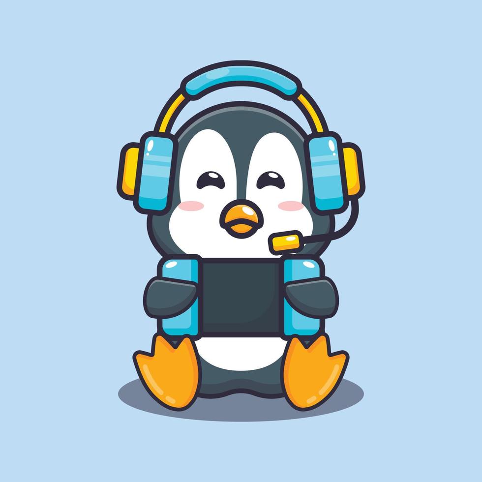 Cute penguin playing a game cartoon vector illustration