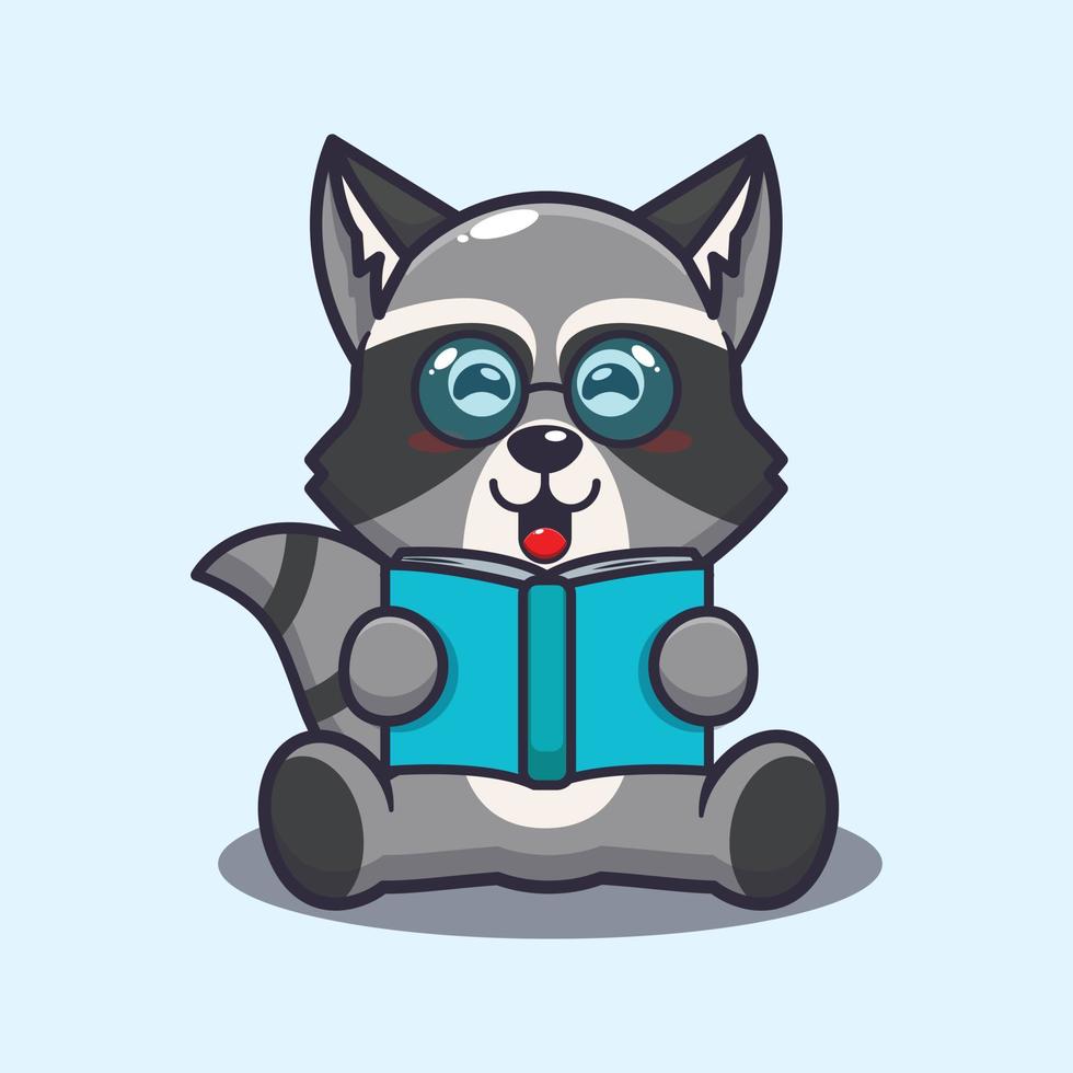 Cute raccoon reading a book cartoon vector illustration