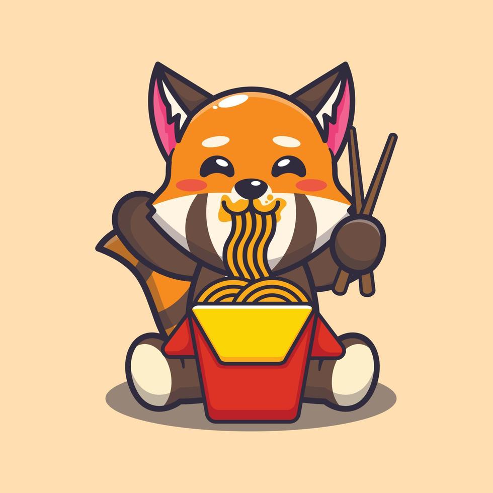 lindo panda rojo comiendo fideos ilustración vectorial de dibujos animados vector