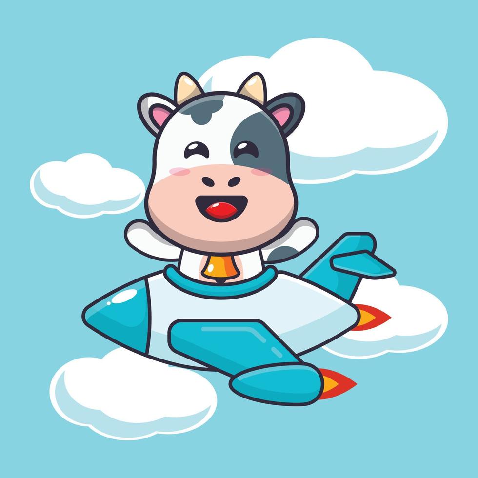 lindo personaje de dibujos animados de la mascota de la vaca paseo en avión jet vector