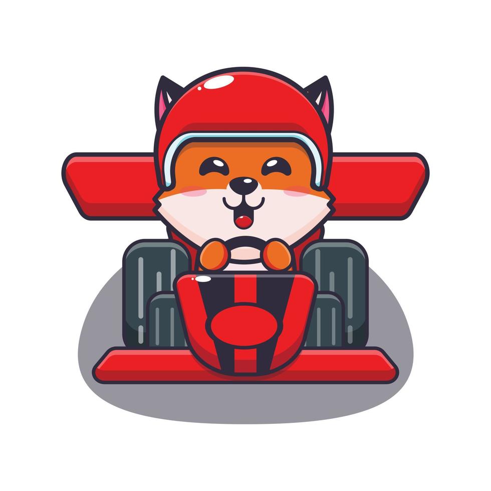 lindo personaje de dibujos animados de la mascota del zorro montando un coche de carreras vector
