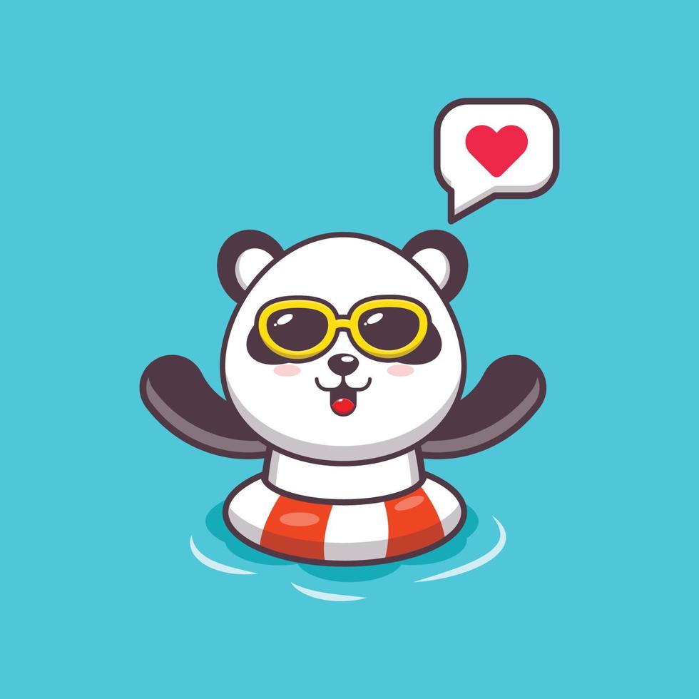 Cute panda cartoon mascot character in sunglasses swim in beach on buoy vector